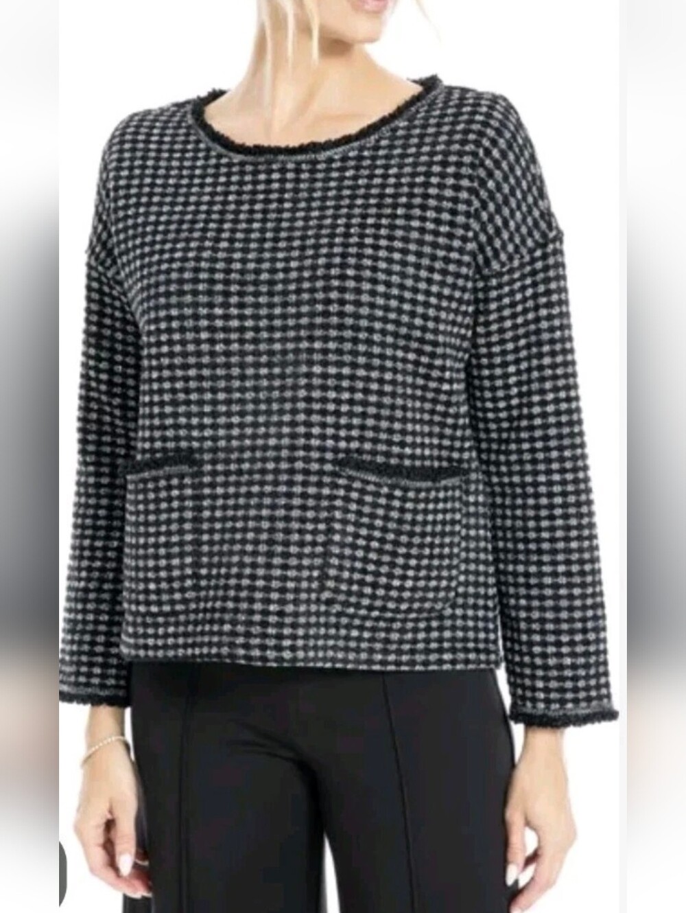 MAX STUDIO  Black White Textured Knit Frayed Edge Boucle Women's Top Size L